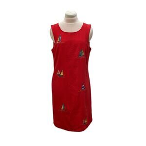 VTG VICTORIA HOLLEY Red Linen Blend Embroidered Sailboat Dress Size 10 Nautical